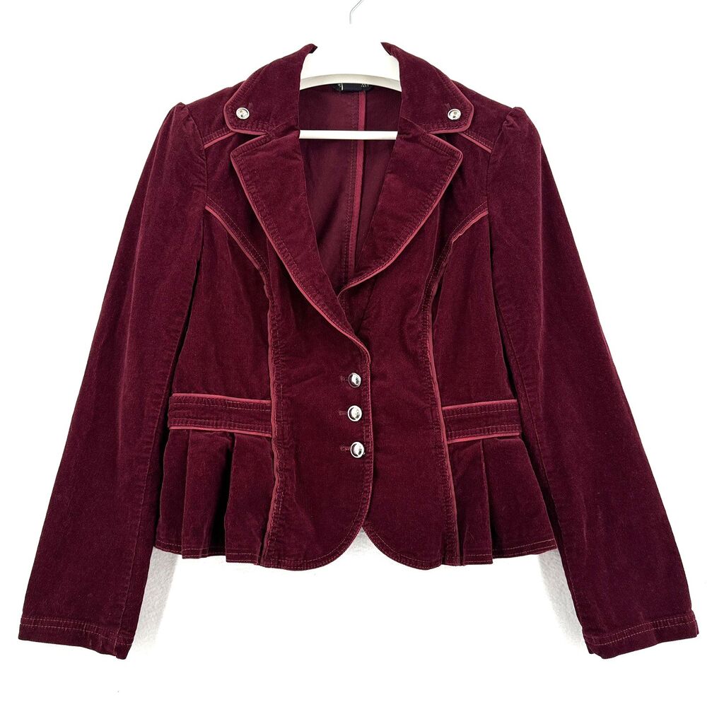 White House Black Market Corduroy Blazer Women 6 Burgundy Peplum Military Y2K